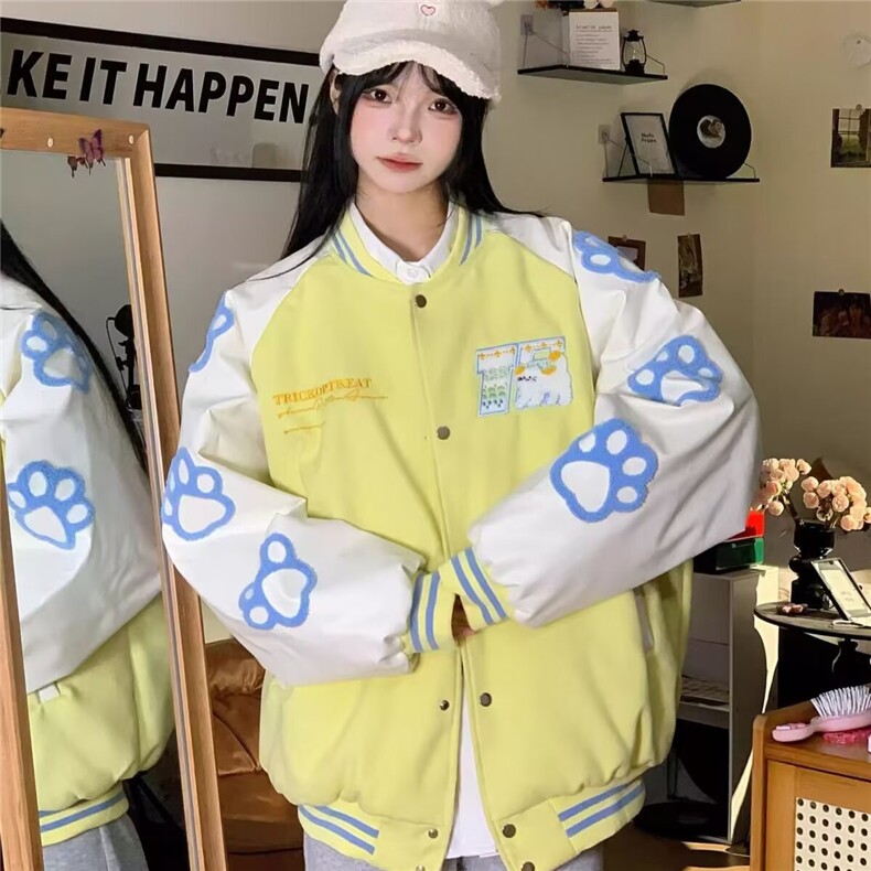 潮牌猫咪刺绣撞色棒球服男女春秋新款情侣加厚外套HH016P75,女装短外套,星座1013-5
