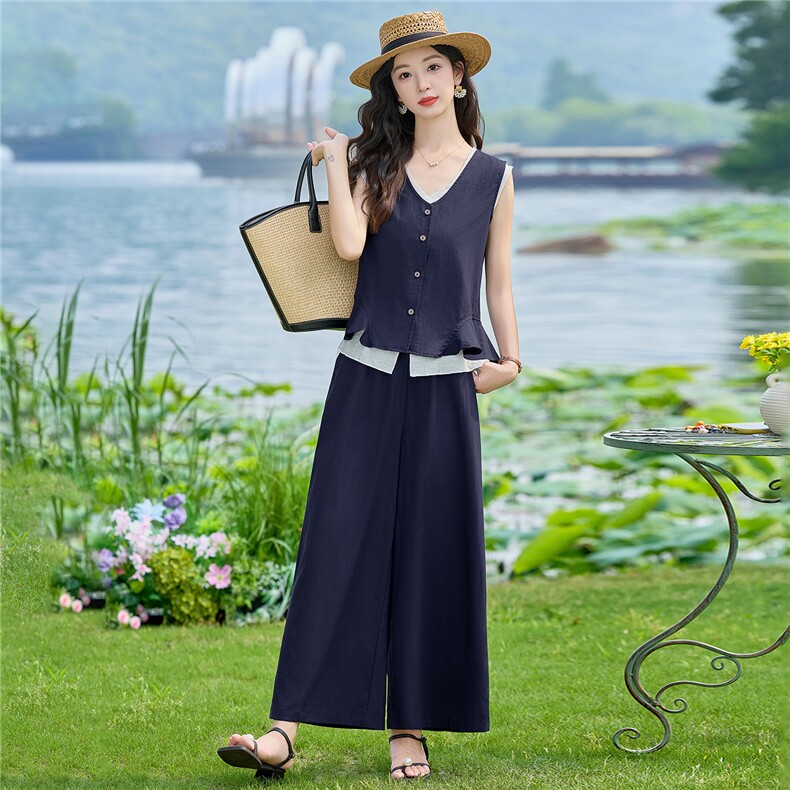 现货2026夏季时尚潮流天丝亚麻老钱风马甲三件套加阔腿裤套装,女装套装/套裙,尚洛菲