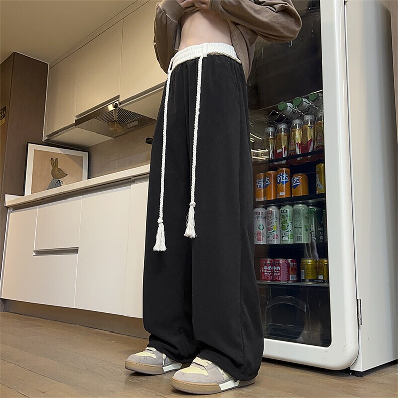 特批P35无差价秋新拼色腰绳设计感阔腿裤男女学生抽绳拖地裤K1643，男装休闲裤，电商A001-1