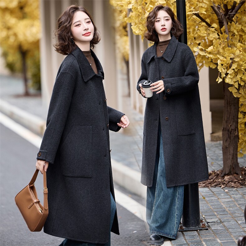 时尚气质翻领双面呢羊毛呢大衣女2024秋冬新款赫本风休闲毛呢外套,女装毛呢外套,丝露依尚（原SL）