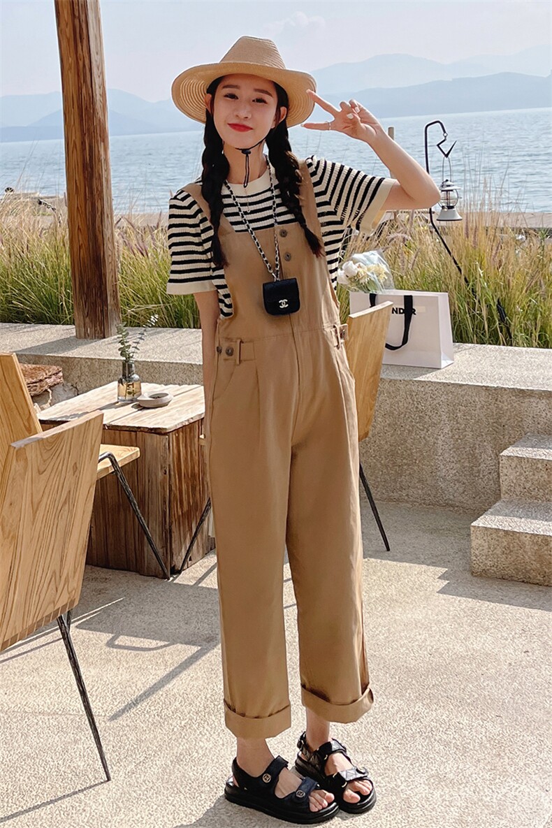 卡其色直筒工装背带裤女2023夏季新款韩版小个子高腰垂感阔腿裤子,女装连体裤,浪娴服饰