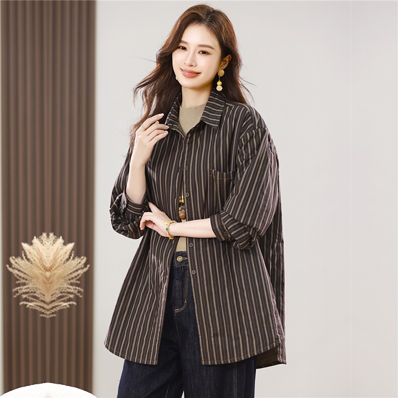 2025秋冬新款条纹加棉衬衫外套厚款，女装衬衫，小林双子