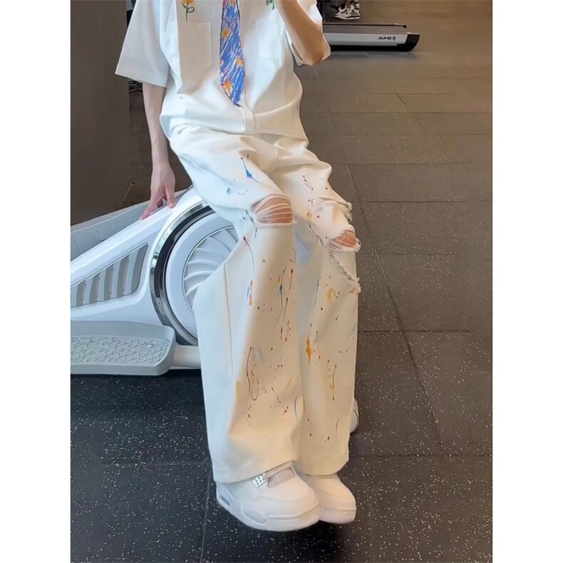 美式vibe泼墨破洞牛仔裤男夏季高街潮牌涂鸦宽松直筒裤痞帅休闲裤,男装牛仔裤,星座1018A