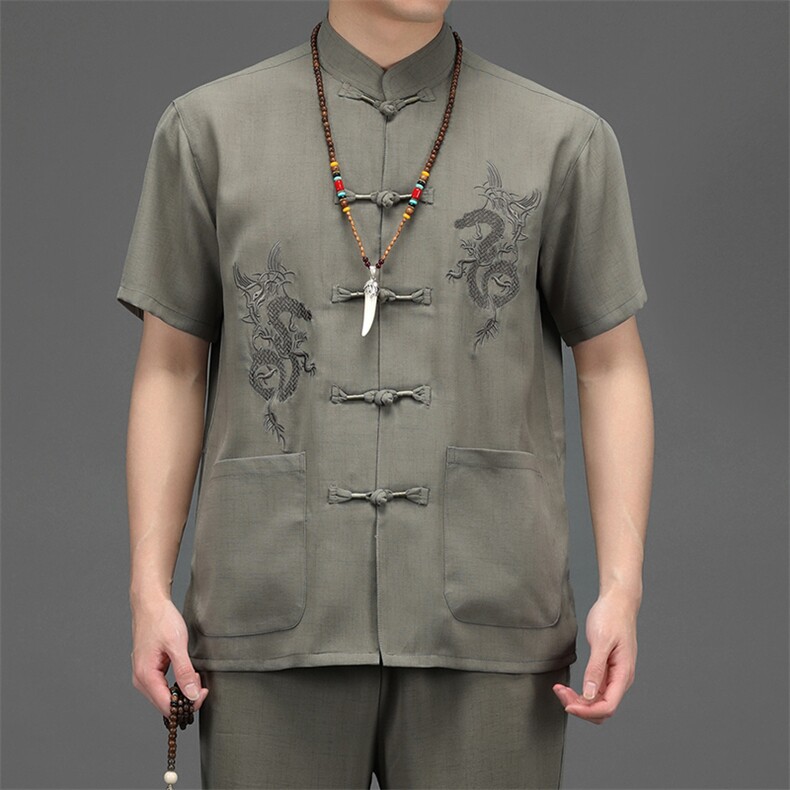 夏季新款男士休闲风短袖套装中年爸爸装薄款唐装JZ2003-P93,男装民族服装,星座1105-3