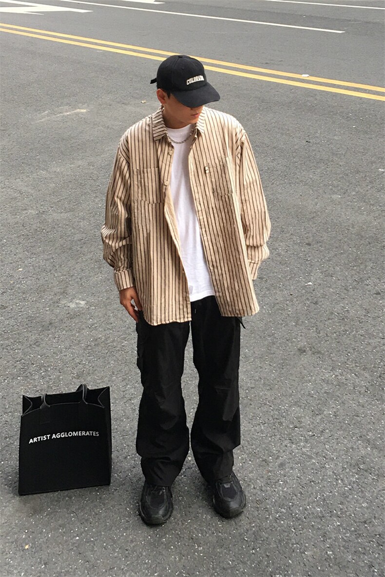 特P52无差价新款秋季潮流百搭条纹长袖衬衫-HS2305男模外景,男装衬衫,电商A003