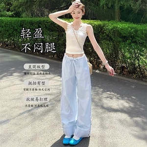 浅蓝色条纹阔腿休闲裤女2025新款夏宽松慵懒风遛弯运动裤子垂坠感图片