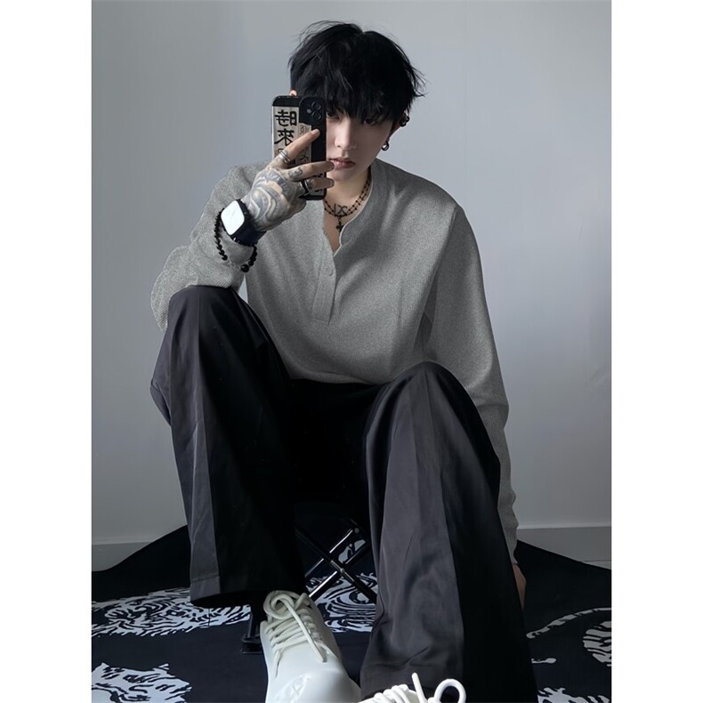 档口图亨利领套头华夫格长袖衬衫T恤polo衫W2480-P40直播品质,男装T恤,星座1213