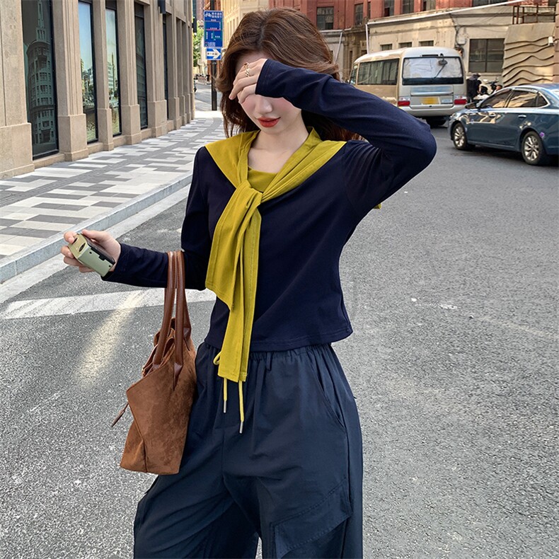 慵懒风撞色披肩长袖上衣工装阔腿裤两件套女2025秋季新款休闲套装,女装套装/套裙,纯色衣恋