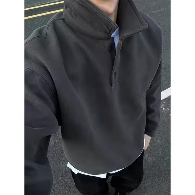 美式潮牌翻领卫衣男高级感宽松长袖工装t恤半开扣立领休闲polo衫,男装Polo衫,星座1210-1
