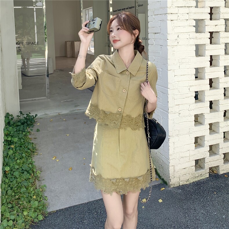 美式复古牛仔套装女秋2025新款洋气搭配一整套外套高腰裙子两件套,女装套装/套裙,2B219