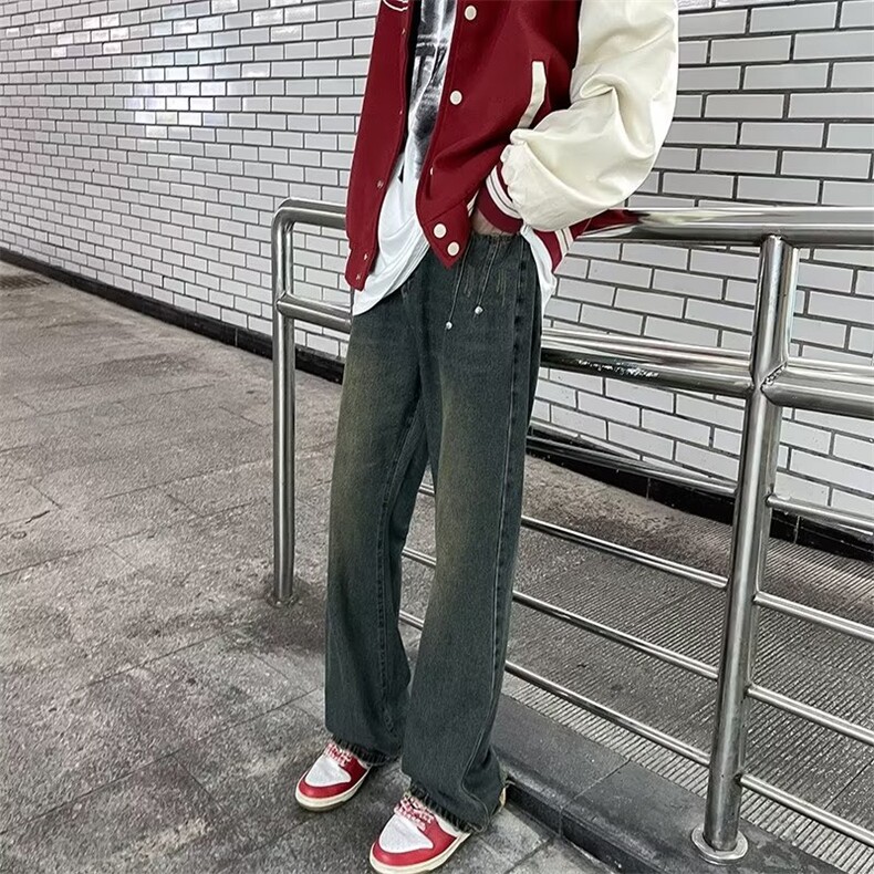 美式复古直筒潮牌牛仔裤男秋季新款设计感小众刮破洞宽CK998-P48图片