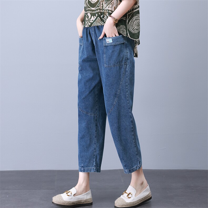时尚宽松拼接水洗牛仔裤女高腰显瘦百搭休闲九分裤,女装牛仔裤,叶笙衣