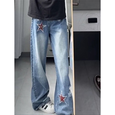 美式复古设计感星星刺绣牛仔裤男女宽松显瘦直筒弯刀裤LB1966-P51，男装牛仔裤，星座1008
