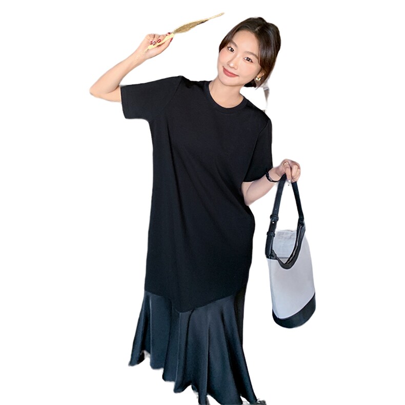 今年流行黑色鱼尾连衣裙女夏2024新款小黑裙赫本风绝美法式t恤裙,女装连衣裙,2C316