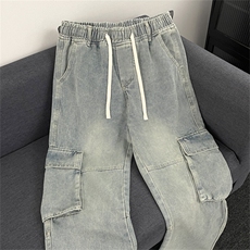 工装牛仔裤男美式宽松青少年直筒裤新款春秋松紧抽绳长裤N983-P55，男装牛仔裤，星座308B-1