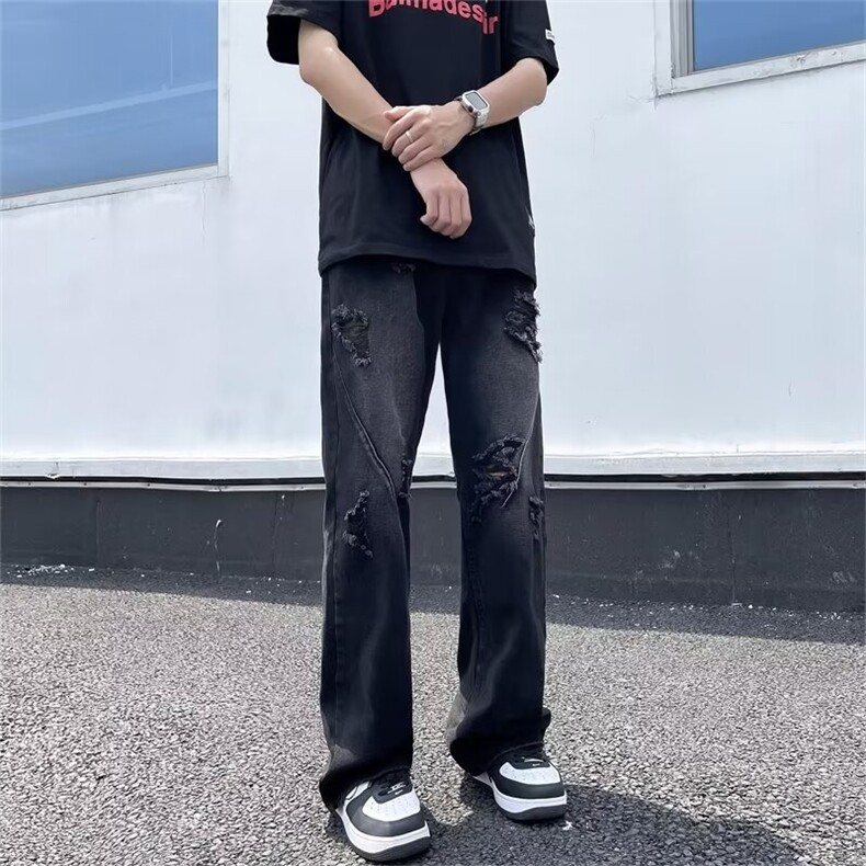 复古牛仔裤男夏季薄款破洞设计感裤子直筒微喇裤NT1722,男装牛仔裤,星座1116A-1（原606A）