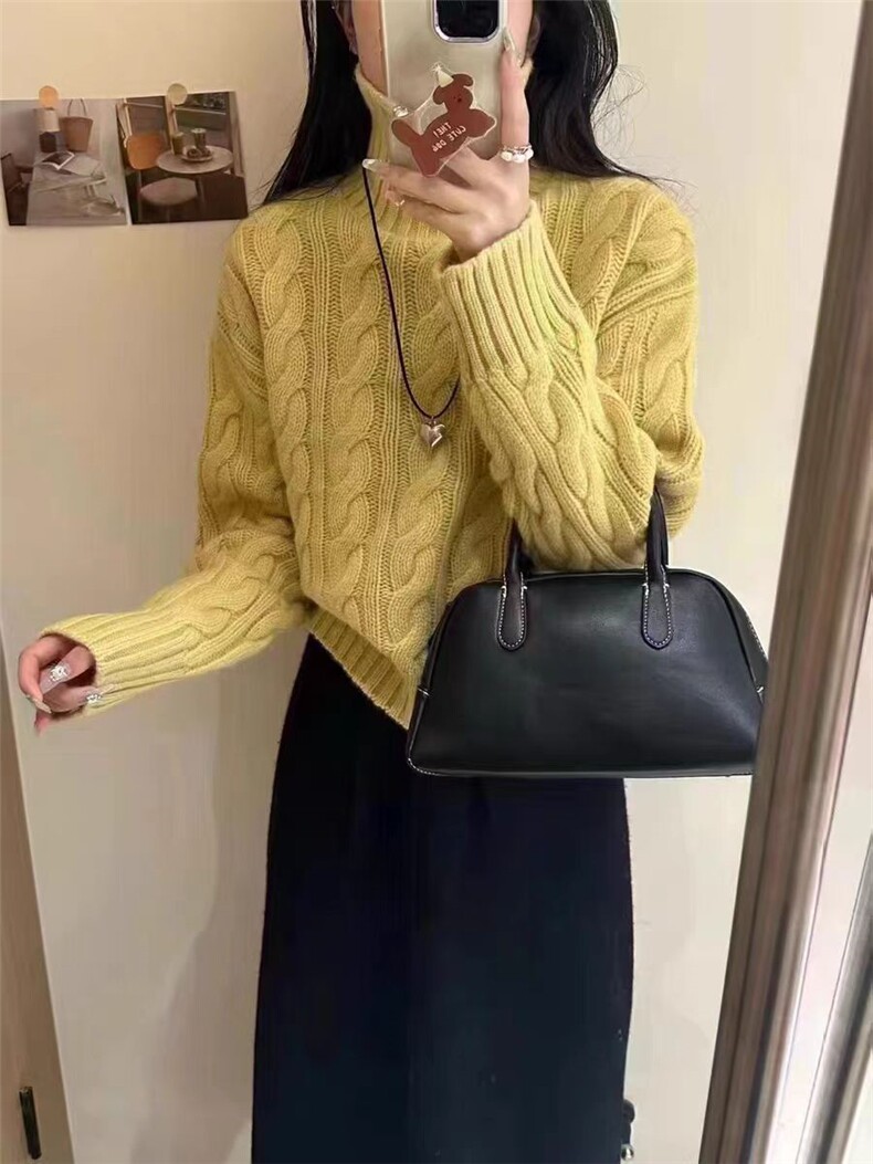 秋季新款舒适显瘦时尚百搭高领廓形麻花针织衫,女装羊毛衫,恒恩羊绒