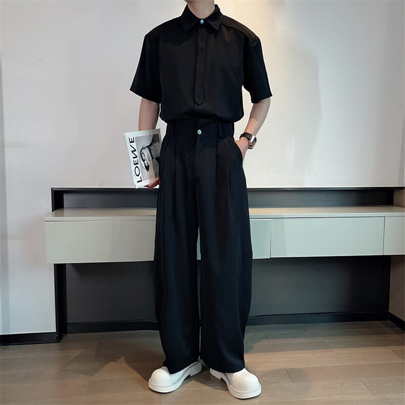 春夏新款高级网红短袖衬衫痞帅休闲弯刀裤两件套装男潮TZ296-P133,男装T恤,电商B267
