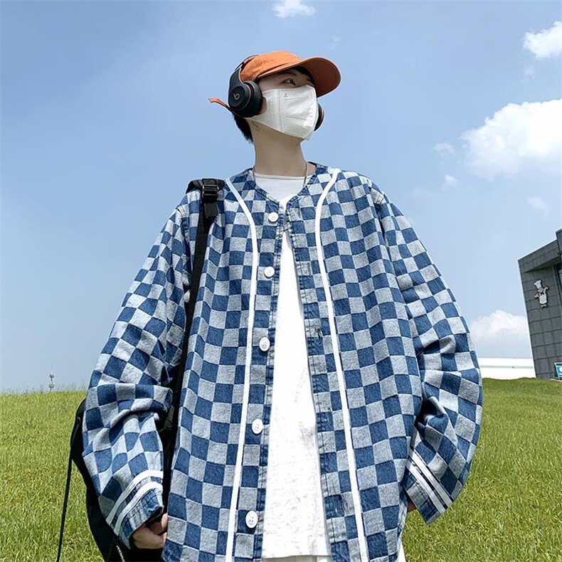 秋冬港风大码棒球服长袖夹克上衣外穿格子牛仔衣外套中性F17/P65,男装夹克,钱塘713