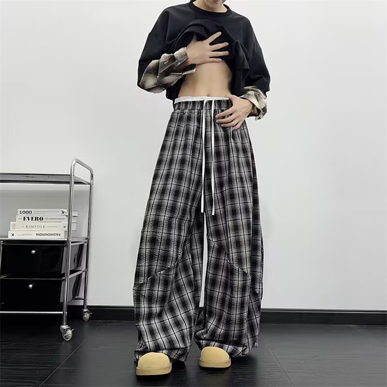 美式复古慵懒风双腰头拼接格子裤子男夏季爵士舞宽松阔腿裤休闲裤,男装休闲裤,星座813-2