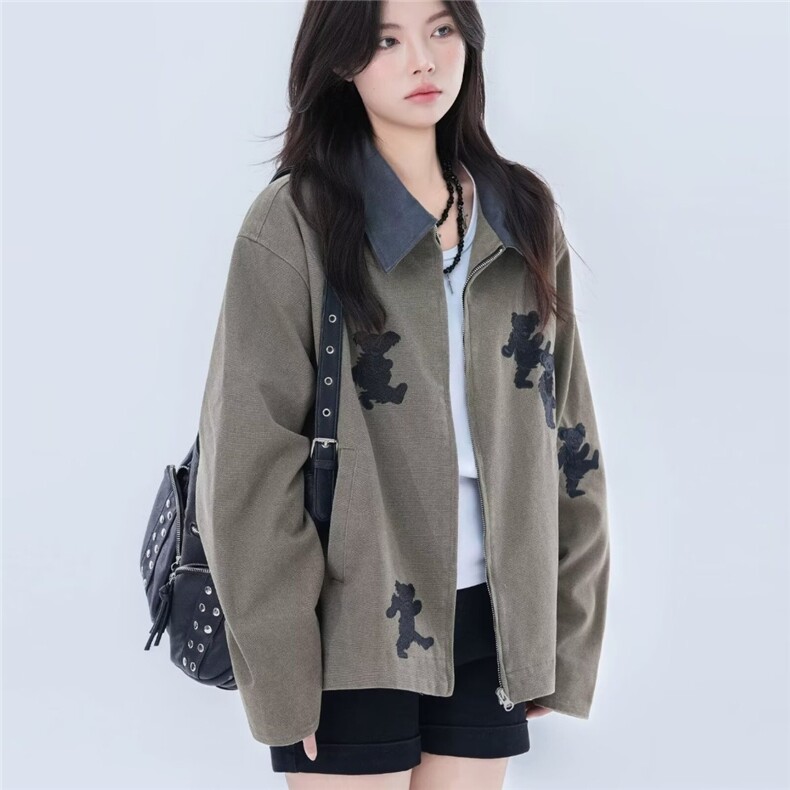 TH0752-P70网图翻领小熊拉链毛衣开衫女外套秋装新款韩版针织上衣图片