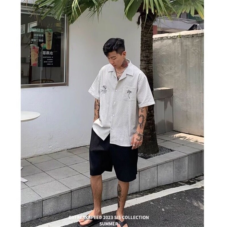 椰树刺绣短袖衬衫男款夏季日系度假风条纹衬衣复古五分袖翻领衬衣,男装衬衫,星座506A