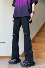 B221美式ins高街暗黑休闲弹力微喇破洞牛仔裤LK23089-P65控88，男装休闲裤，电商B221