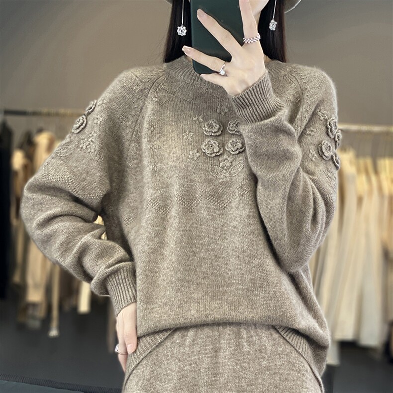 秋冬半高领100%纯羊毛衫刺绣钩花上衣女宽松羊绒衫长袖针织衫毛衣,女装羊毛衫,江南羊绒