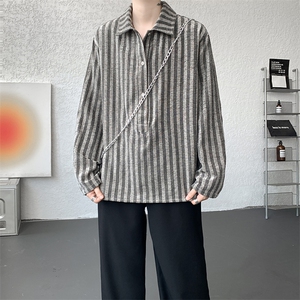 S-3XL 复古条纹半开领长袖衬衫上衣宽松慵懒休闲衬衣男CS534P48图片