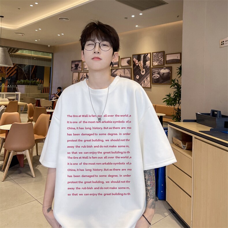 麂皮绒重磅教科书t恤男夏季网红爆款nb短袖设计感小众体恤五分袖，男装T恤，电商B371