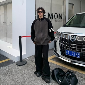 针织开衫男女韩版潮流拼色百搭袖子三条杠2024冬季毛衣MZ673-P55图片