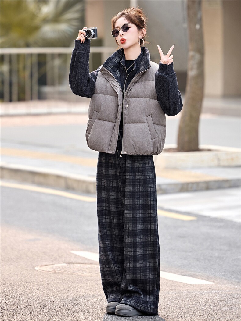 格子拼接棉马甲+立领加绒卫衣外套+加绒格纹阔腿裤休闲三件套,女装套装/套裙,采品优优