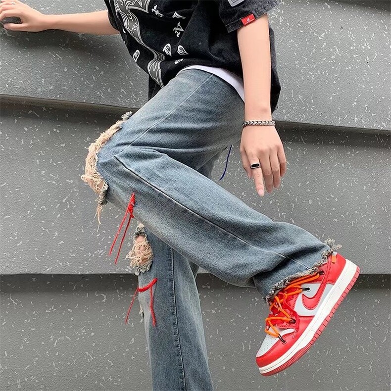 美式复古毛边乞丐裤破洞牛仔裤男春秋款潮牌宽松休闲直筒裤,男装牛仔裤,星座410-6（原星座1304-1）