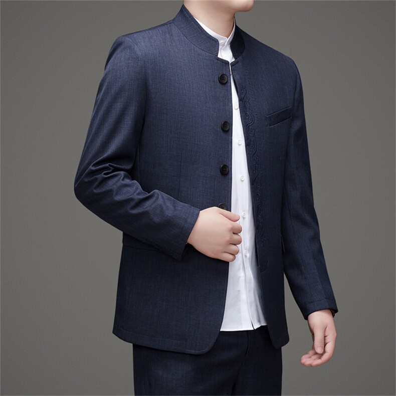 高端风中山装三件套西服男中老年风中式休闲西服唐装套装,男装西服,钱塘723