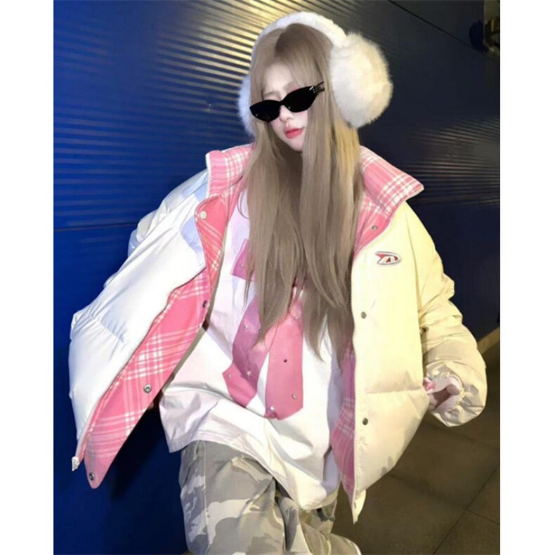 复古粉色格子撞色字母刺绣双面穿棉服女冬加厚棉衣外套 M7659图片