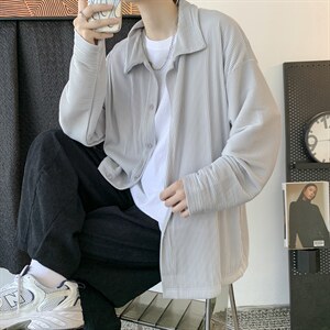 秋装中性港风褶皱纯色宽松长袖衬衫日系男女情侣外套H208/P55，男装衬衫，钱塘713