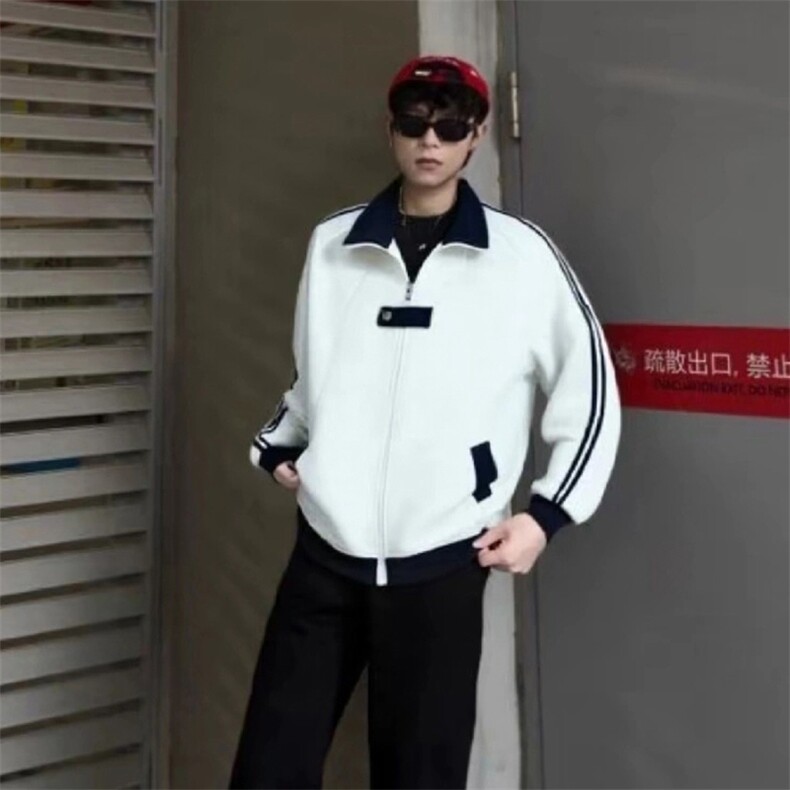 抖音得物品质秋冬美式高街重磅结构拼接织带翻领卫衣夹克外套W113,男装夹克,电商A486-1