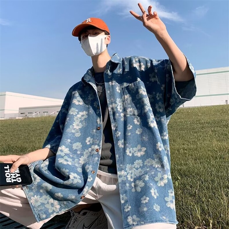 短袖牛仔衬衫男宽松上衣港风韩版菊花五分袖衬衣痞帅外套S126-P50,男装T恤,星座1008-1