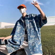 短袖牛仔衬衫男宽松上衣港风韩版菊花五分袖衬衣痞帅外套S126-P50，男装T恤，星座1008-1