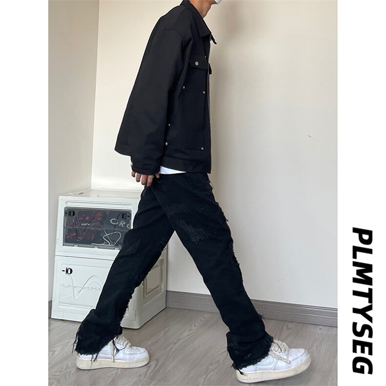 B221美式ins高街小众假破洞修身微喇牛仔裤LK22065-P65控88,男装牛仔裤,电商B221