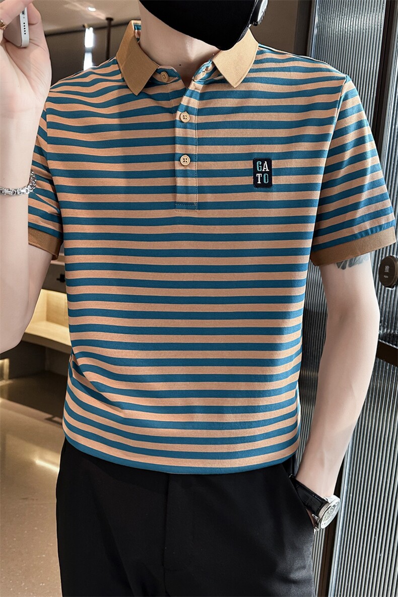 经典款高级感轻奢夏季短袖T恤翻领条纹Polo衫半袖T0253-P58,男装T恤,电商D342
