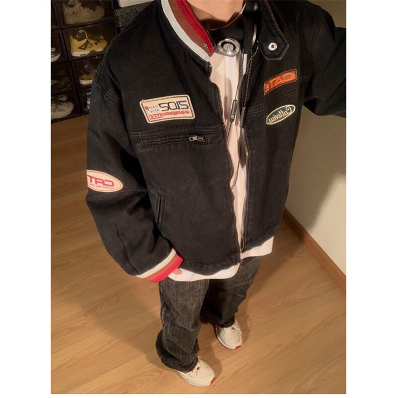 复古立领做旧情侣牛仔外套男春季贴布机车赛车服夹克上衣JK8945,男装工装外套,星座516A