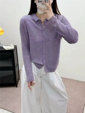 韩系简约马卡龙清新Polo领精纺6羊毛多扣开衫，女装针织衫/毛衣，艾米娇羊绒