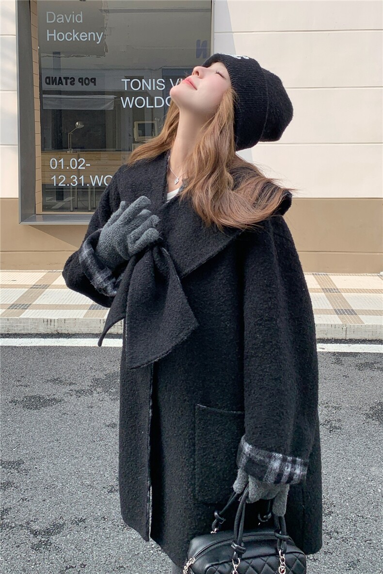 韩版格子拼接慵懒风双面羊毛大衣女2025秋冬季新款显瘦两面穿外套,女装毛呢外套,韩然一族