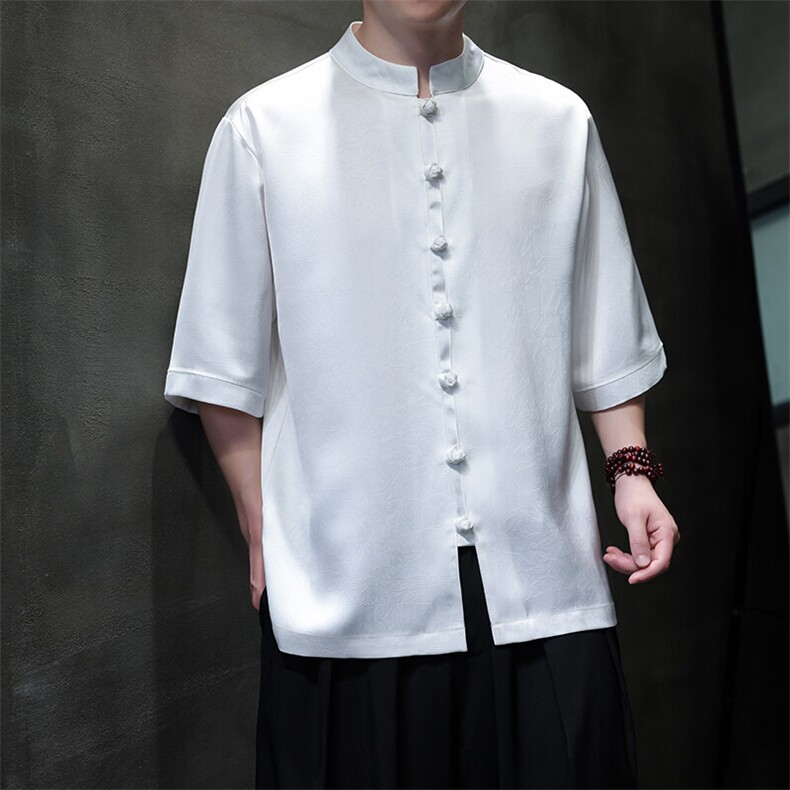新款醋酸缎面短袖衬衫风新中式垂感五分袖男半袖大码CS888P65，男装衬衫，电商A021A