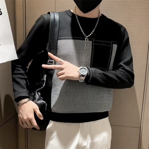 秋冬男士毛衣针织衫打底衫线衣修身套头潮流圆领拼色时尚T恤 S513图片
