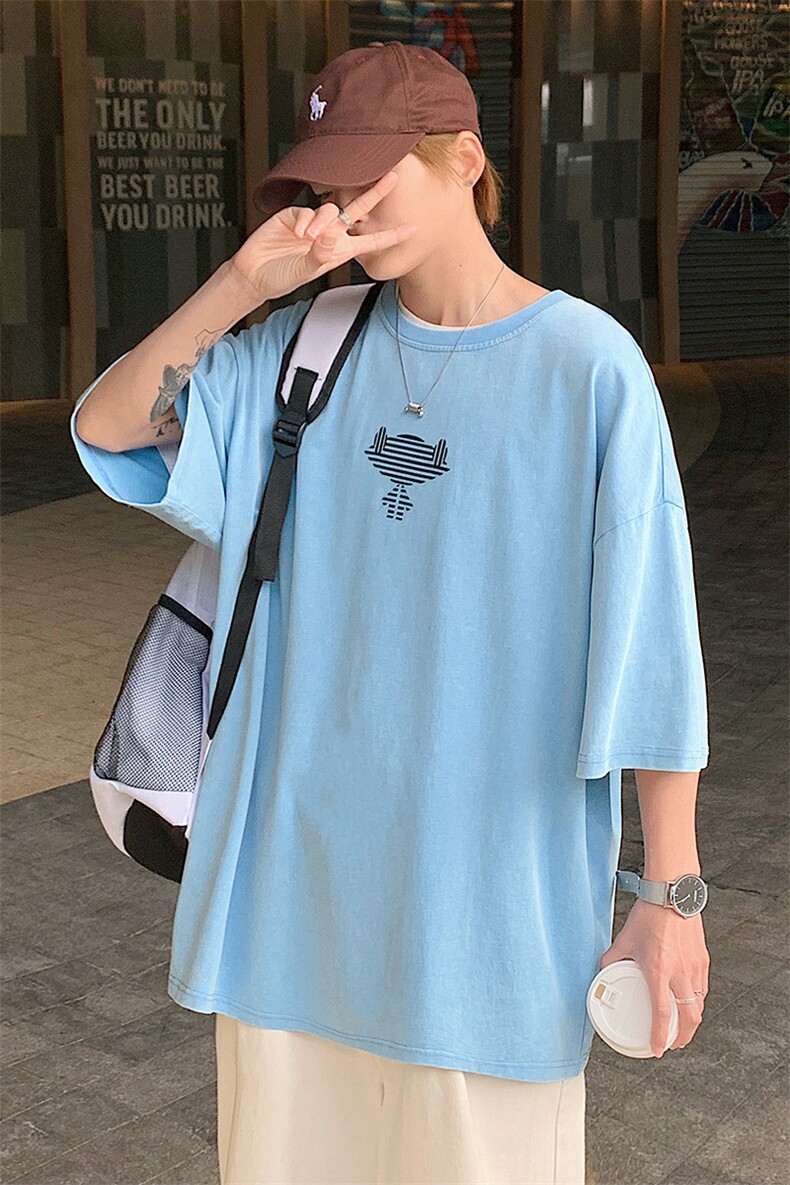 抖音得物供货日系港风复古水洗纯棉半袖T恤短袖1522-P50控价68,男装T恤,电商A441-1