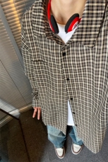 特批P32无差价2025春港风格子长袖衬衫男女中性宽松翻领衬衣C5452，男装衬衫，电商A001-1
