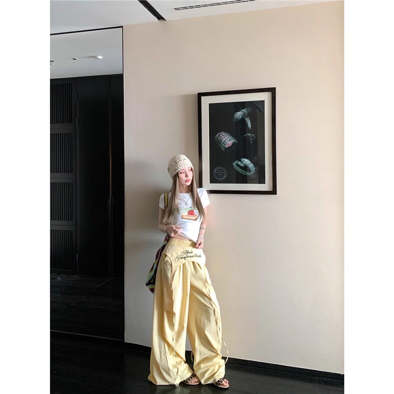 美式复古字母刺绣休闲条纹阔腿裤女夏季绑带伞兵裤,女装休闲裤,星座1210-1