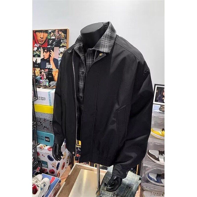 美式棕色飞行夹克男春潮牌格纹拼接翻领棒球服高街复古巴恩风外套,男装夹克,星座506A